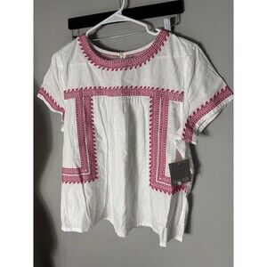 Falls Creek White cotton Embroidered Short Sleeves Sz L